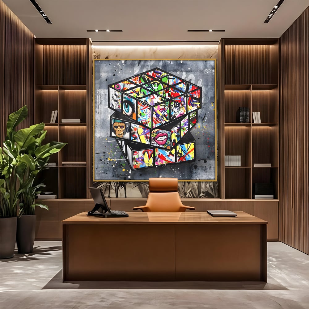 Tablou canvas cu tablou canvas cu cub rubik graffiti, in rama de aluminiu auriu, pe perete intr-un birou
